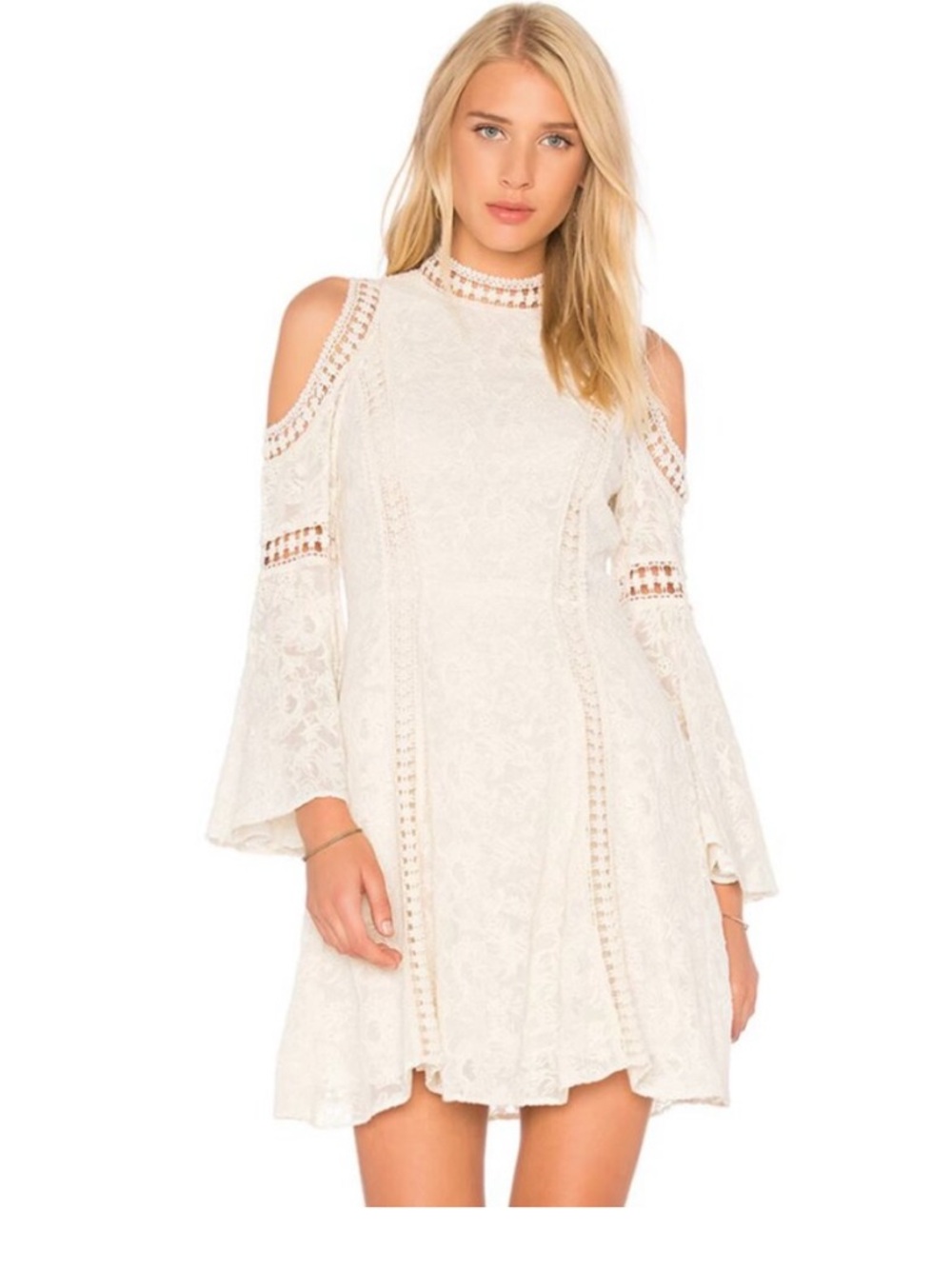 Alice + Olivia Enya Embroidered Cream Cold Shoulder Dress 4 Long Sleeve Mini